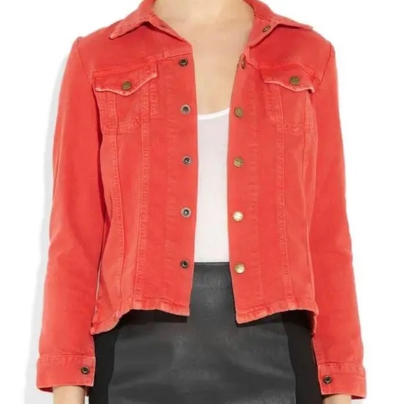 Current/Elliot Mechanic Distressed Button Front Denim Jacket in Fire Red Small - Picture 1 of 11